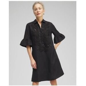 Chico's 100% Linen Black Lace Applique Embroidered Dress‎ Classic Pockets Sz 9